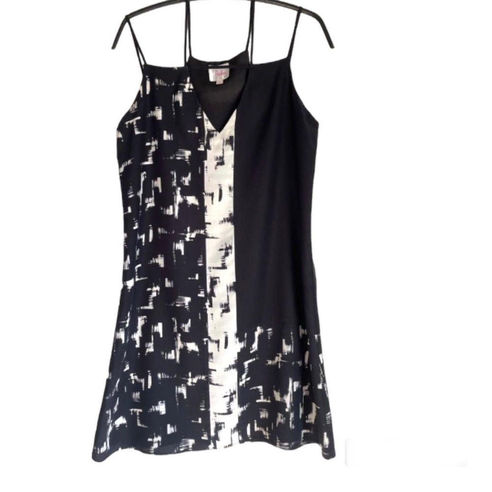 Parker Nelly Sheath Dress Size Medium Black White Abstract Silk Slip Mini NEW